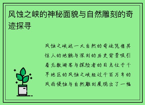 风蚀之峡的神秘面貌与自然雕刻的奇迹探寻
