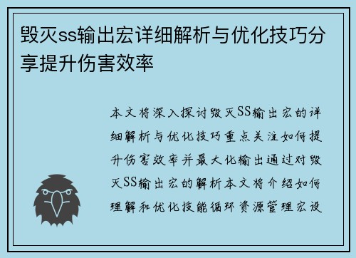 毁灭ss输出宏详细解析与优化技巧分享提升伤害效率 毁灭ss输出宏详细解析与优化技巧分享提升伤害效率